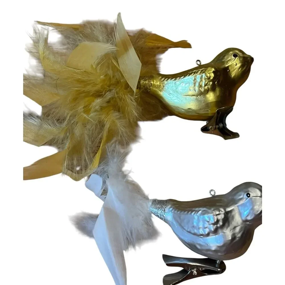 Lot Of 2 Glass Clip On Birds Christmas Ornaments Feather Tails Silver Gold